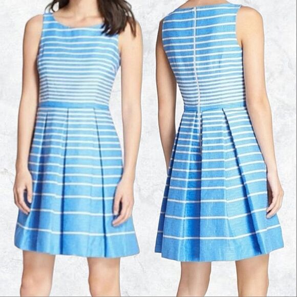 Taylor (Anthropology) Textured Pleated Striped Blue & White Fit & Flare Dress - Picture 1 of 8
